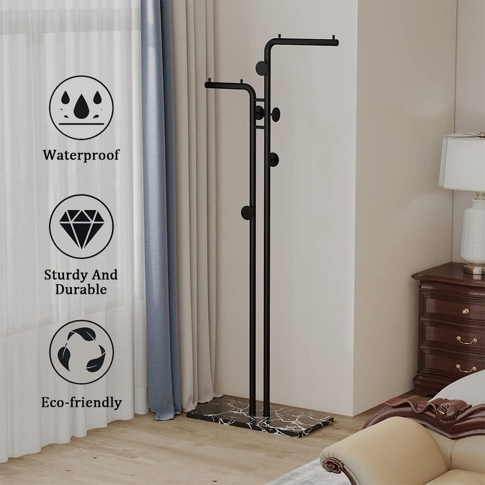 Double Pole Metal Coat Rack Freestanding with Marble Base 5 Hooks Black