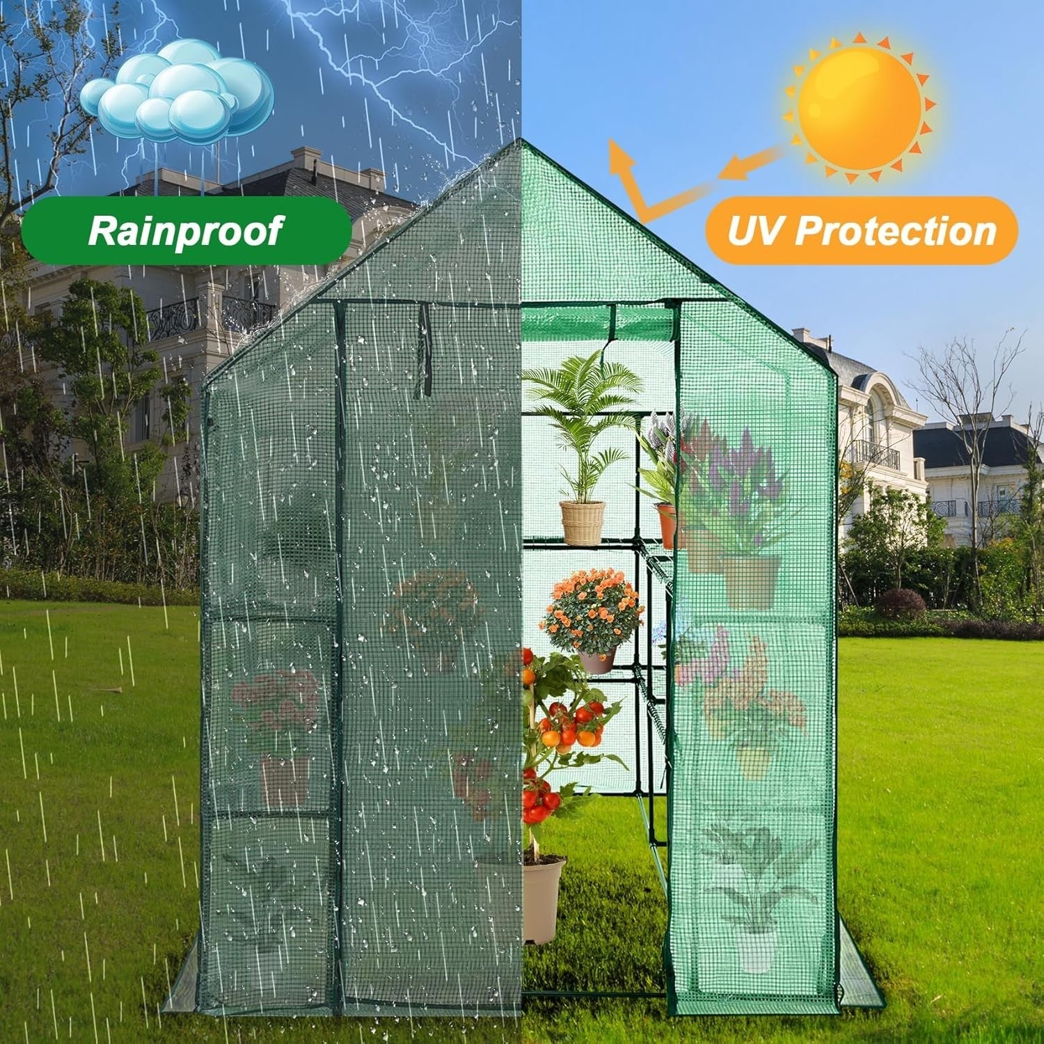 Walk-In Garden Greenhouse 8 Shelves Heavy Duty Steel Frame PE Cover 216cm