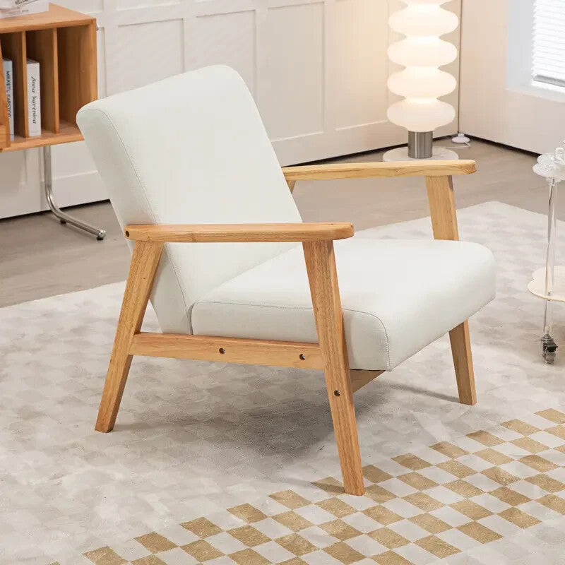 Cream Linen Accent Armchair with Wooden Frame for Living Room or Office
