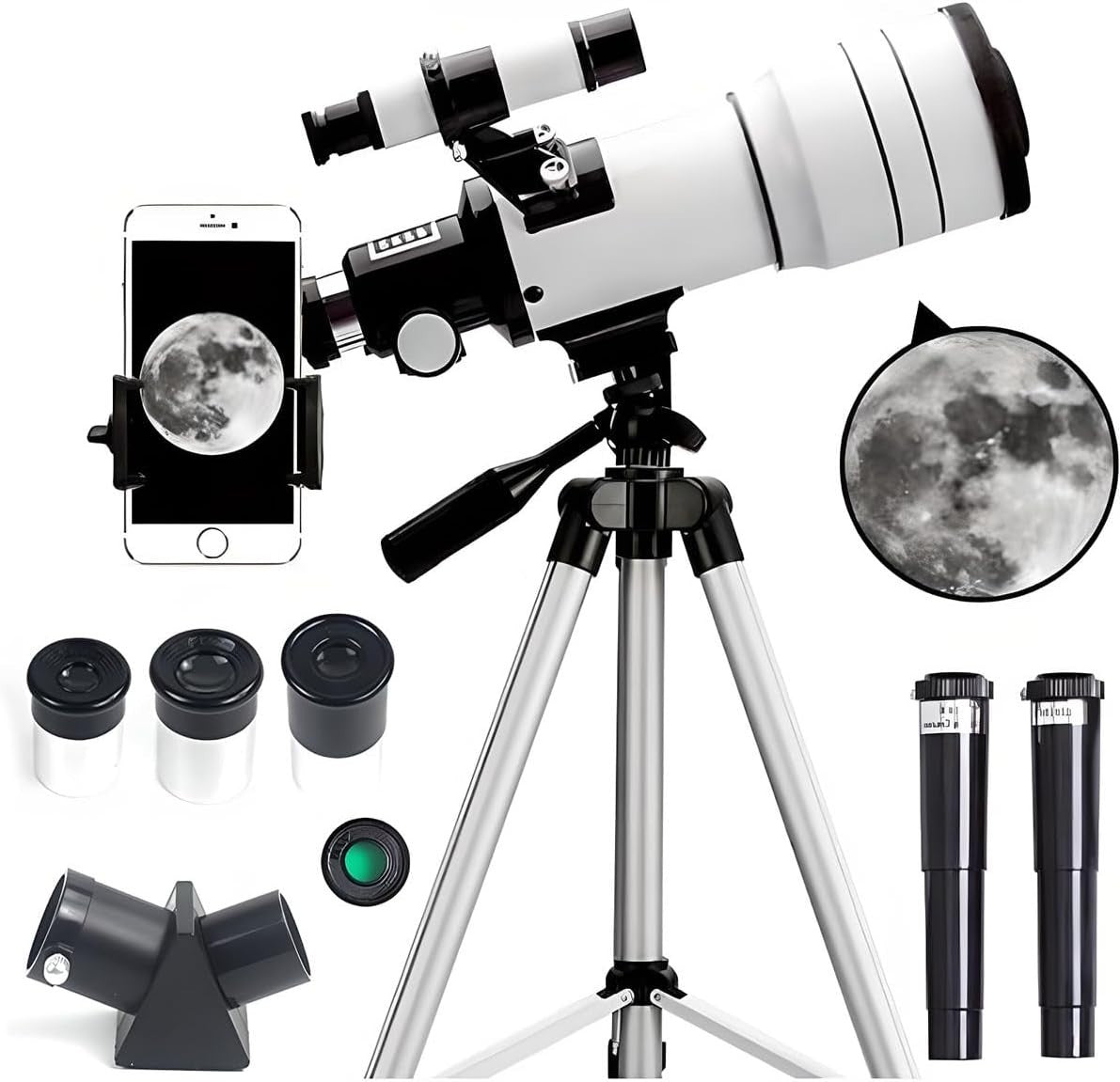 70mm White Refractor Telescope 15X-150X with Phone Adapter