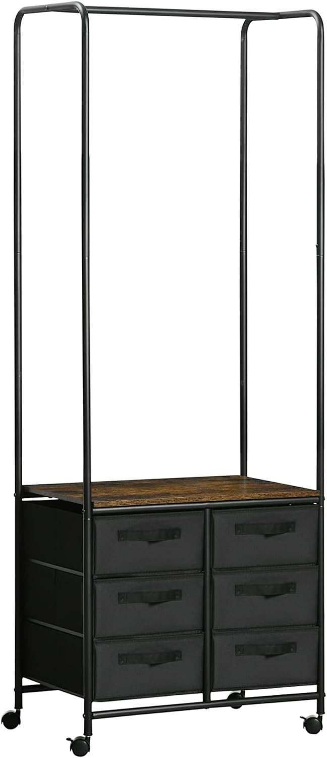 Clothes Rail Industrial Wardrobe with 6 Drawers Rustic Brown