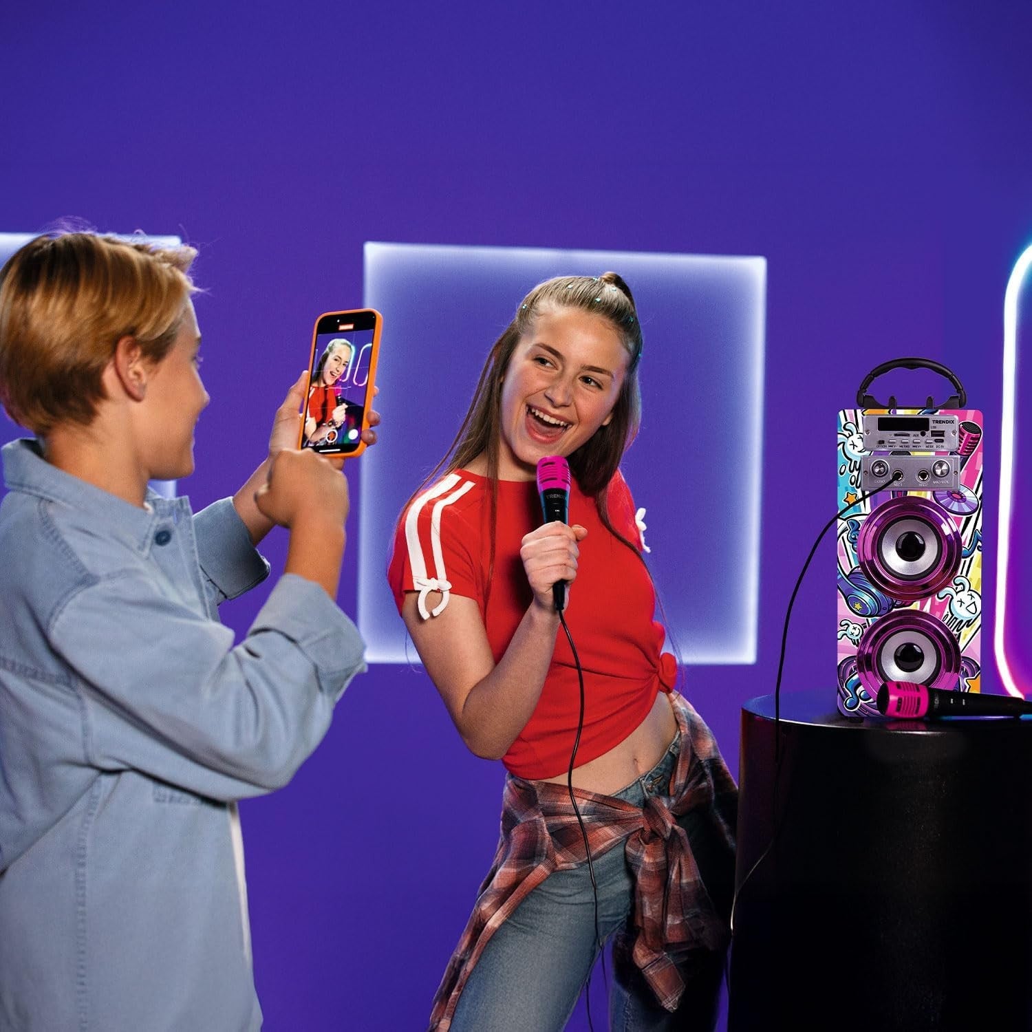 Pink Kids Karaoke Machine 2 Mics Bluetooth FM USB Party
