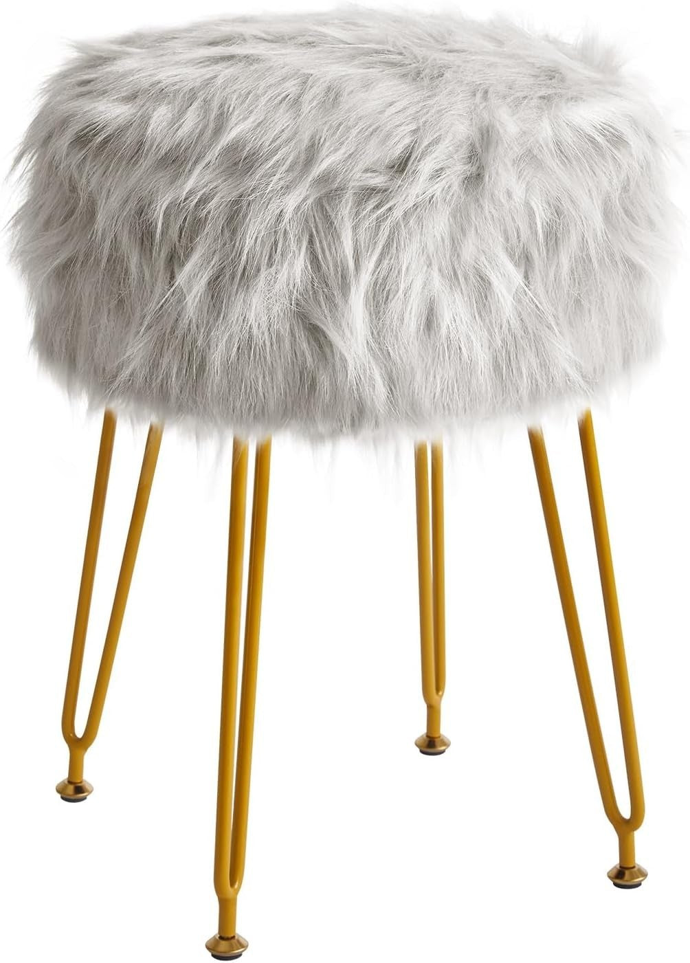Grey Faux Fur Round Vanity Stool with Storage – Soft Ottoman Seat & Metal Legs