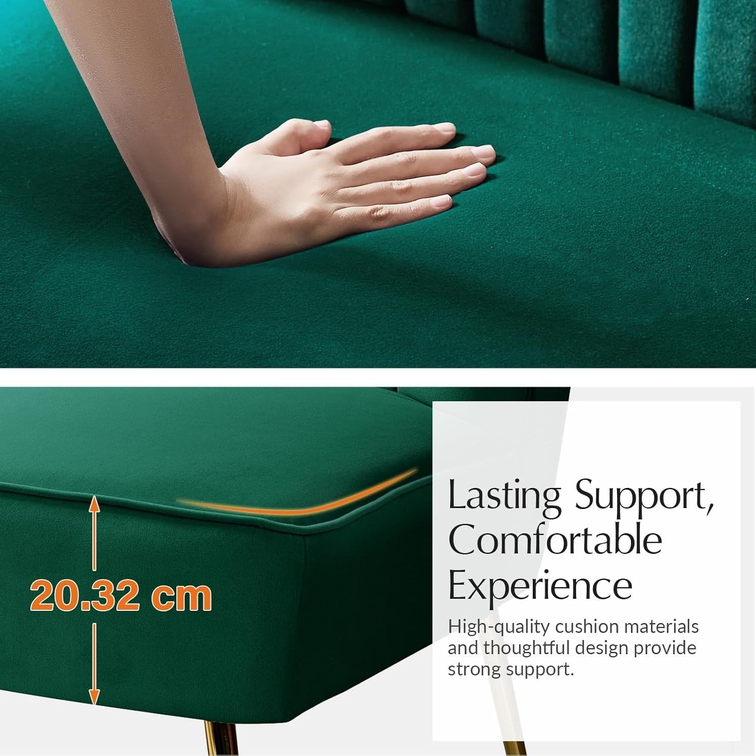 Green Velvet 2 Seater Sofa Armless Loveseat Gold Legs for Lounge or Flat