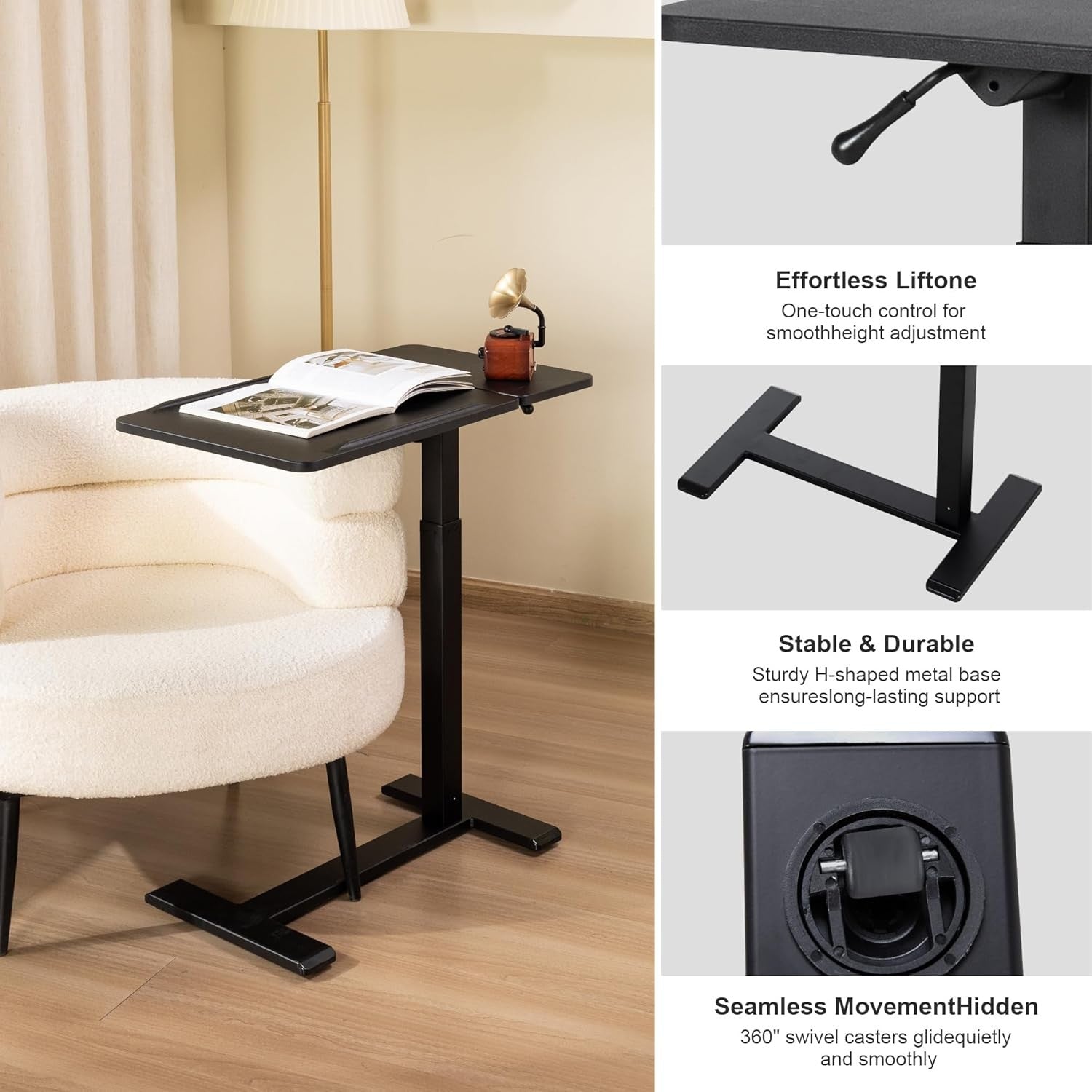 Overbed Laptop Table Height Adjustable Rolling Desk C Shape Tilt Top