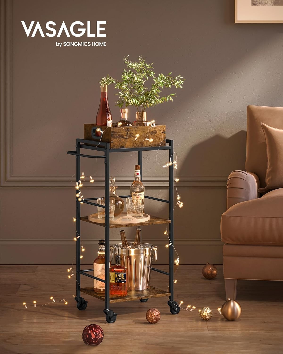 Slim Kitchen Serving Cart on Wheels 3 Tier Utility Trolley with Removable Tray