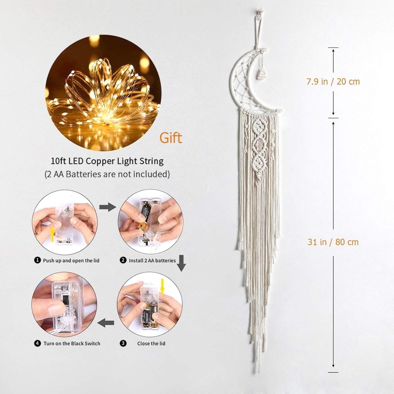 Boho Macrame Moon Wall Hanging White Crystal Dreamcatcher Decor