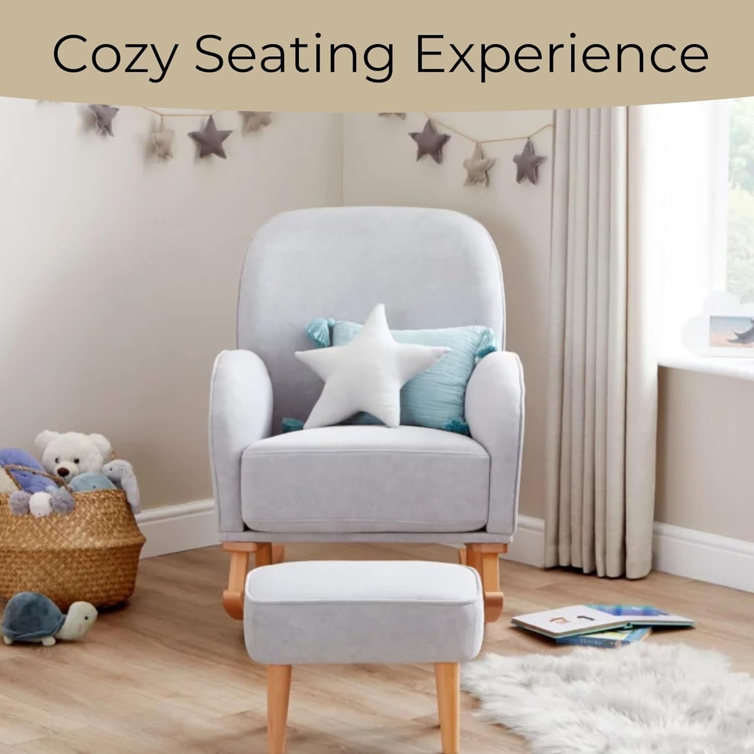 Nursing Rocking Chair & Footstool Grey | Soft Fabric, Wood Base, Comfy