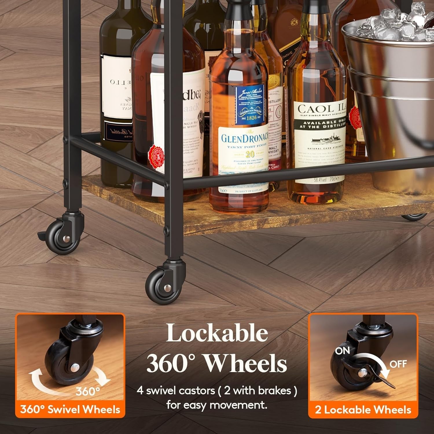 3 Tier Drinks Trolley Bar Cart on Wheels Rustic Serving Cart with Storage