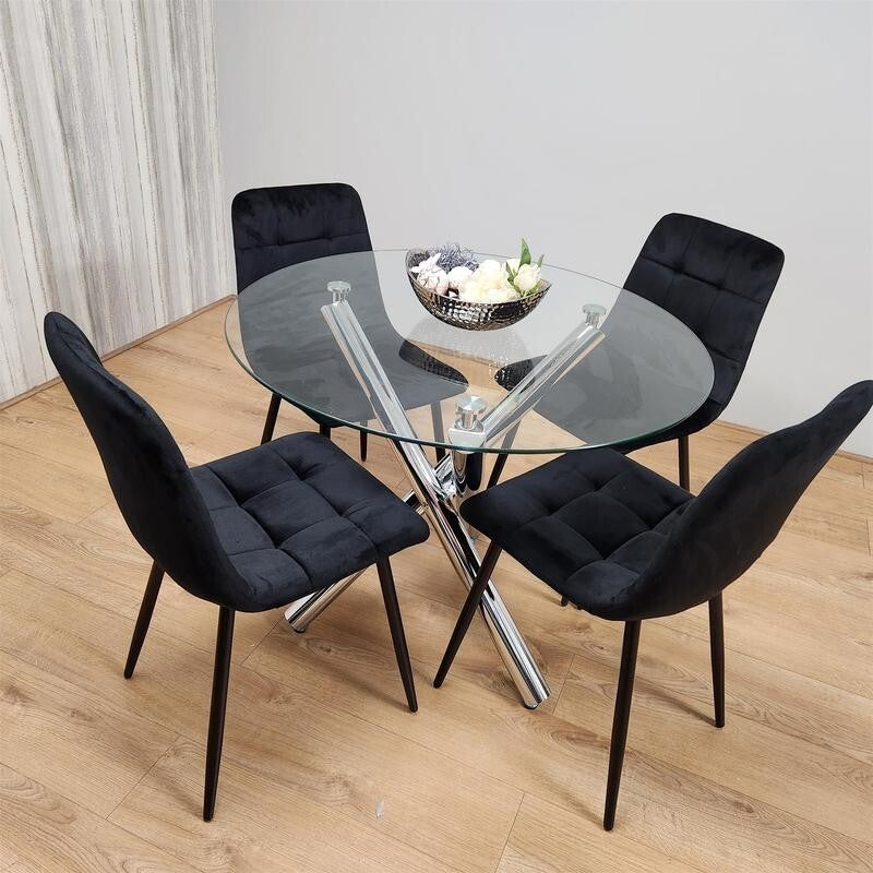 Round Glass Dining Table Set with 4 Black Velvet Chairs Chrome Legs