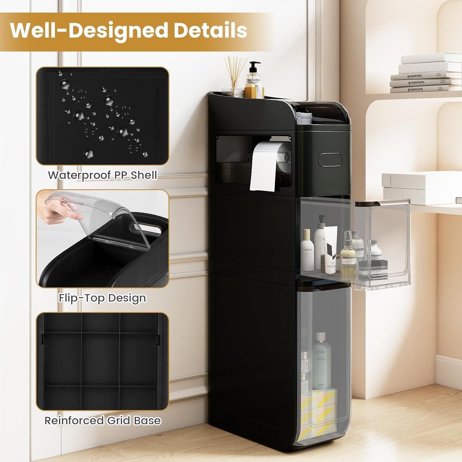 Slim Bathroom Storage Cabinet Rolling Organizer Drawers Black Wheels