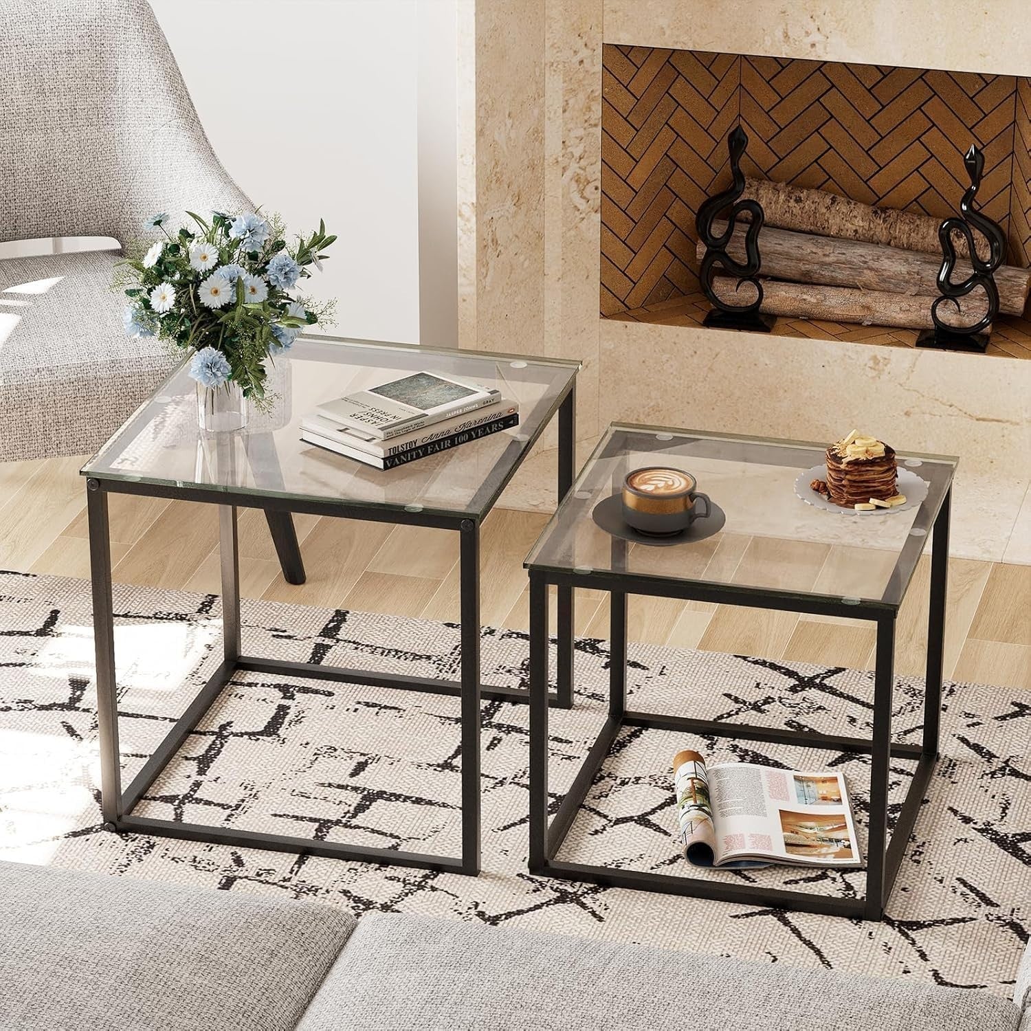 Modern Nesting Coffee Table Set Black Glass End Tables Metal Frame Square