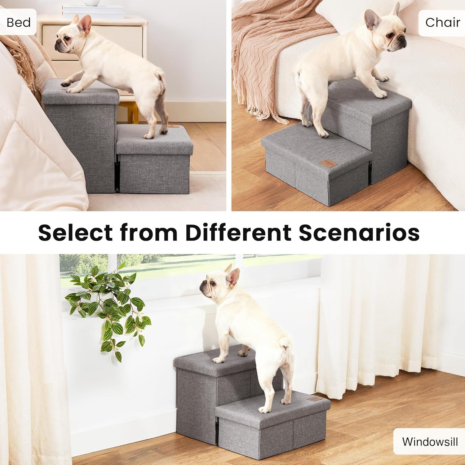 Dog Stairs with Storage 2 Step Foldable Pet Steps Ramp Grey 13" H
