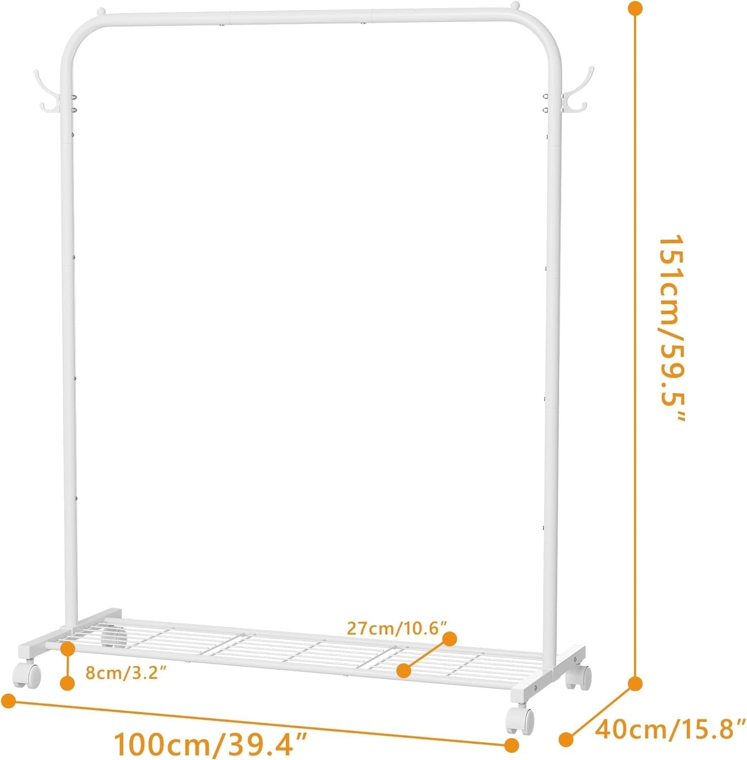 Portable White Clothes Rail 40KG Rack With Wheels Shelf & Hooks