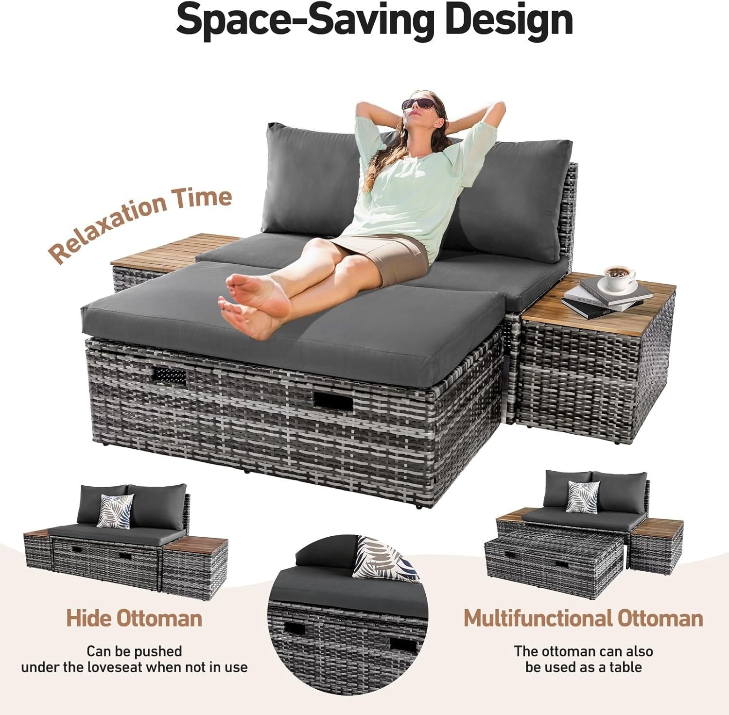 Outdoor Rattan Daybed Set with Storage Ottoman & Side Tables, Weatherproof Patio