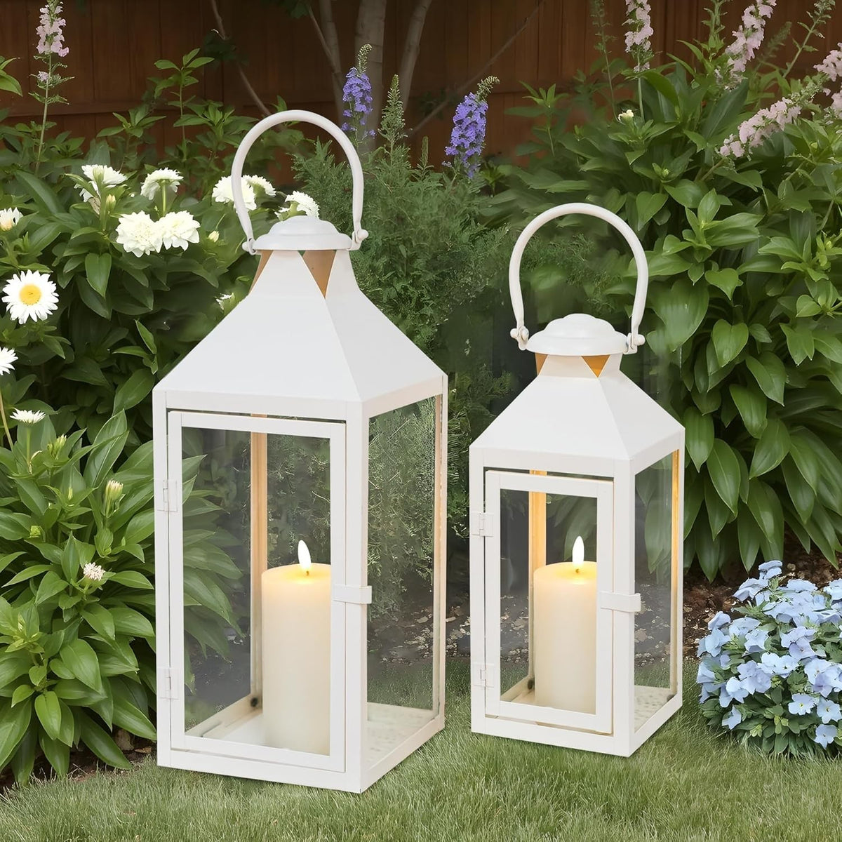 Set of 2 Cream Metal Candle Lanterns Indoor Outdoor