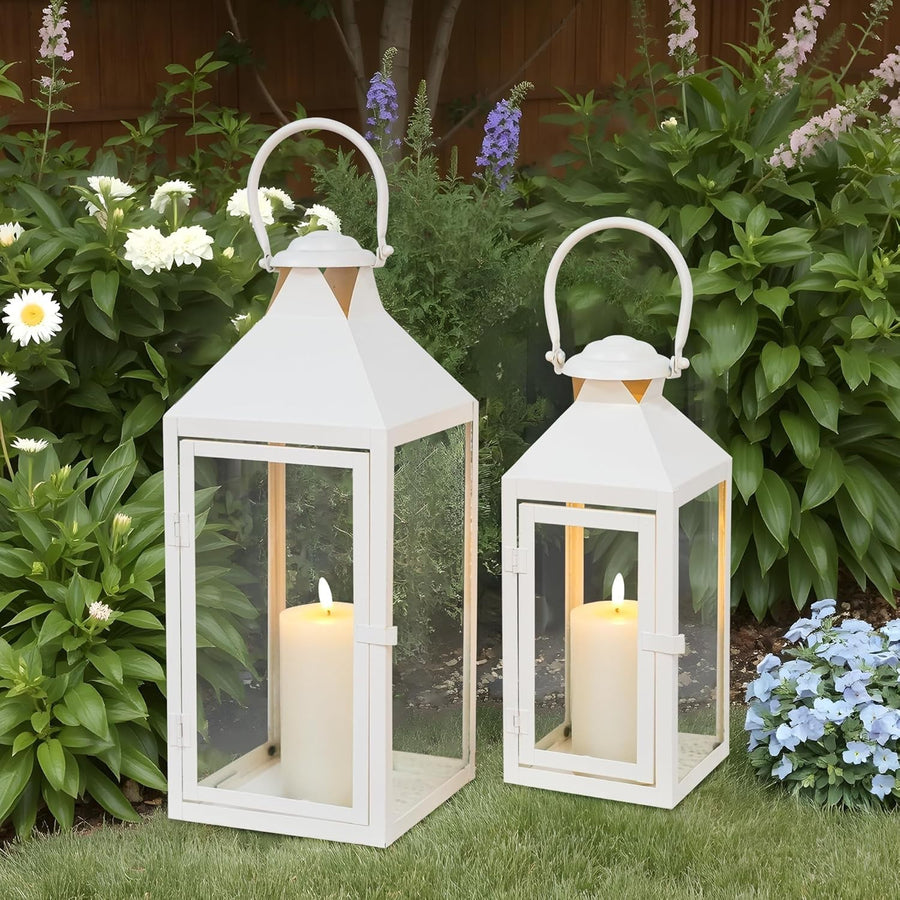 Set of 2 Cream Metal Candle Lanterns Indoor Outdoor