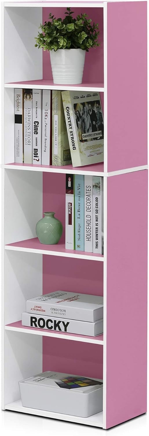 5 Tier Reversible Bookcase Storage Open Shelf Compact Organizer Bookshelf Pink