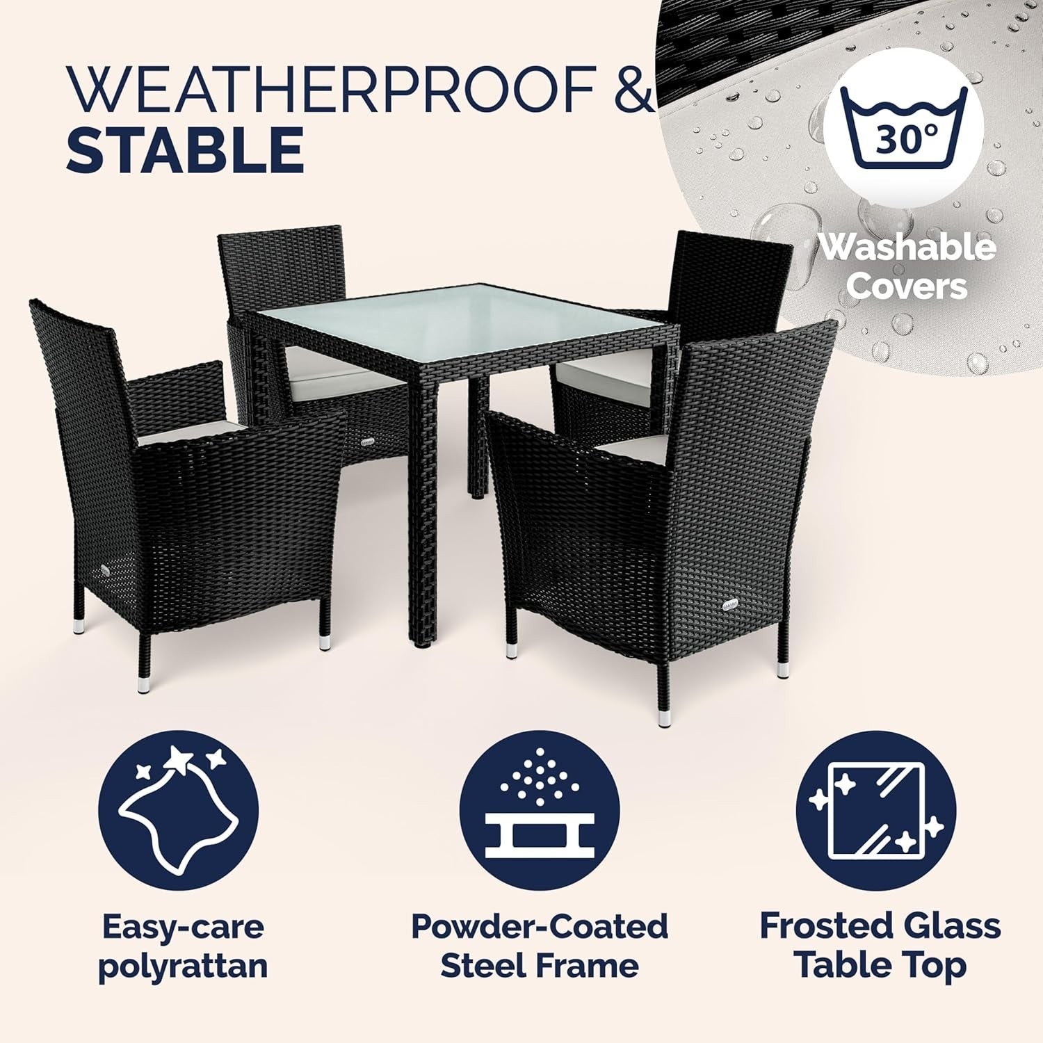 Outdoor Rattan Dining Set 4 Chairs Glass Table Cushions Garden Patio