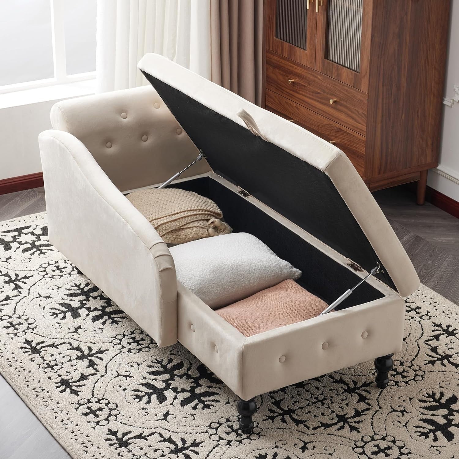 Velvet Chaise Lounge Sofa with Storage & Pillow, Button Tufted, Beige