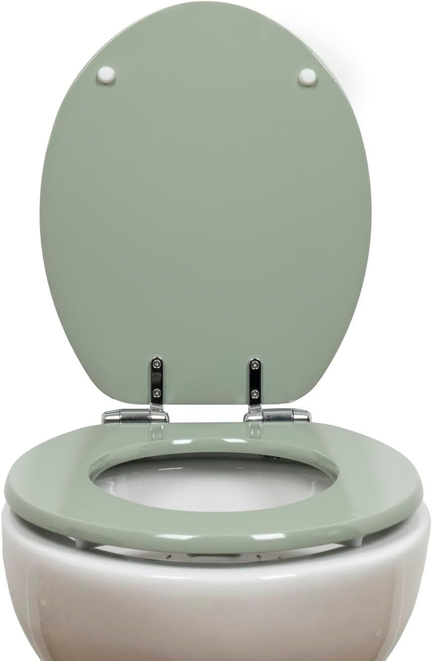 Sage Green Toilet Seat Tongue & Groove Wood Stainless Steel Hinges 42x35cm