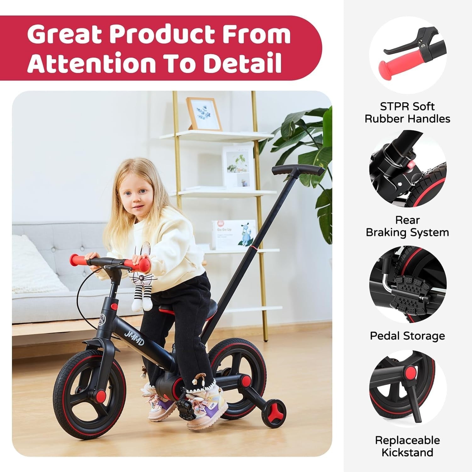 6 in 1 Toddler Bike Balance Pedal Bike Foldable Push Handle Black