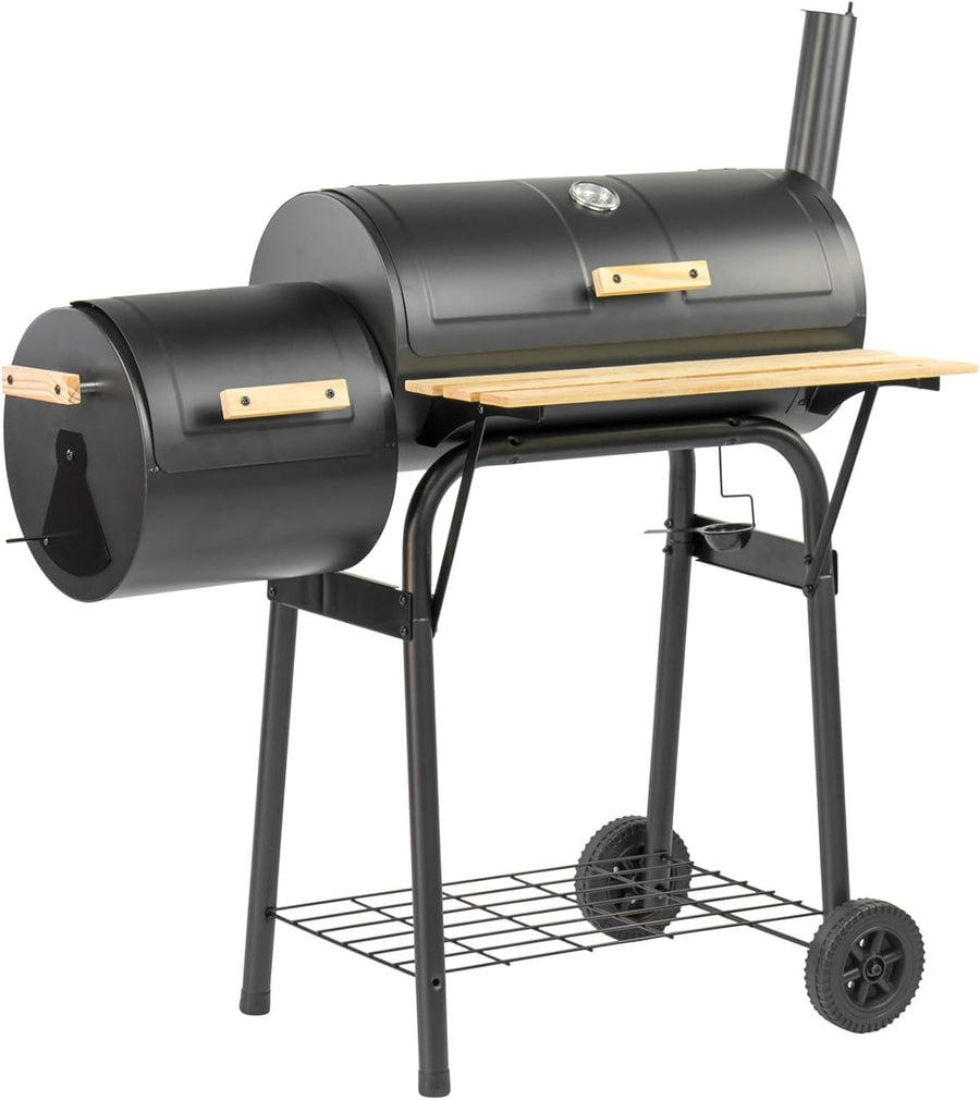 Charcoal Smoker BBQ Grill with Dual Chambers Thermometer Wheels Outdoor