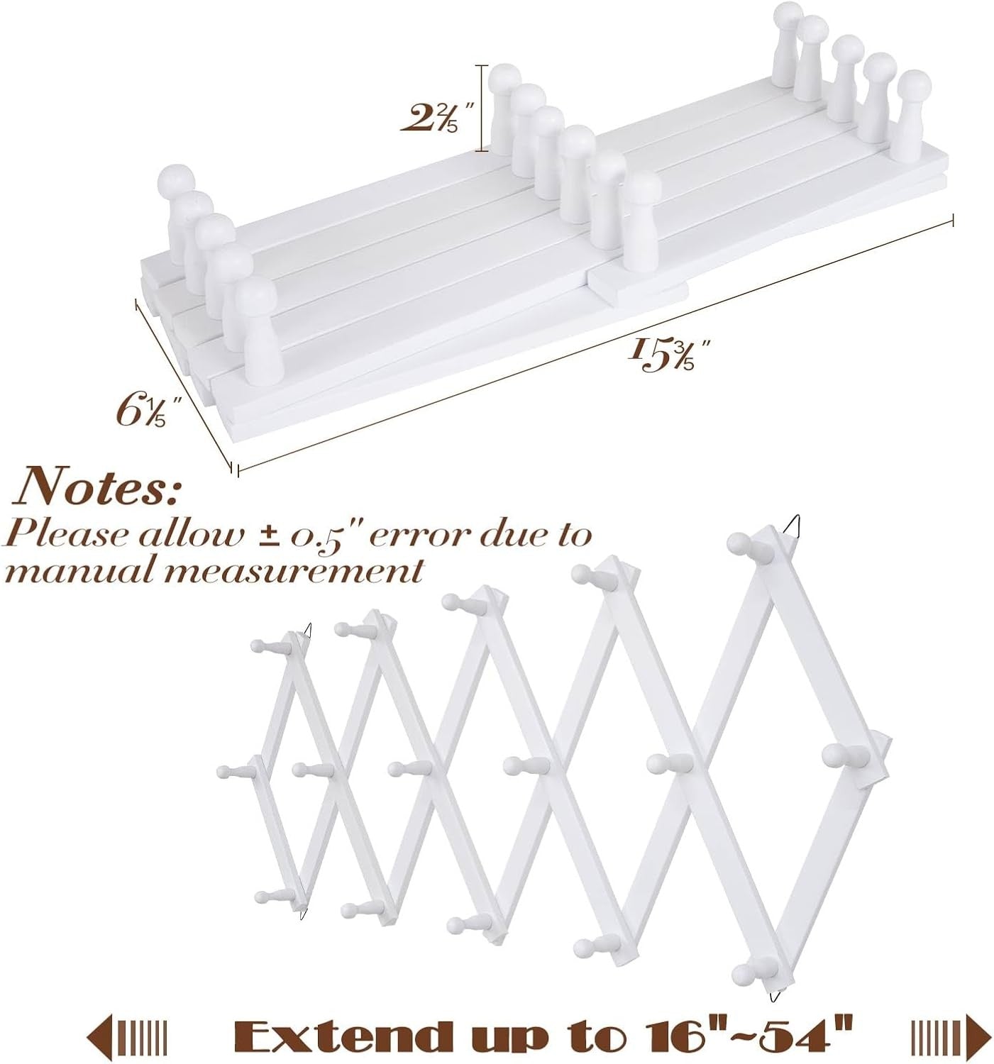 Expandable Wooden Wall Hat Rack White 16 Hooks Accordion Coat Hanger Organizer