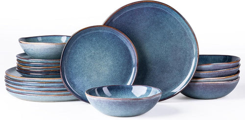 18pc Stoneware Dinnerware Set Blue Reactive Blue Plates Bowls Dishwasher Safe