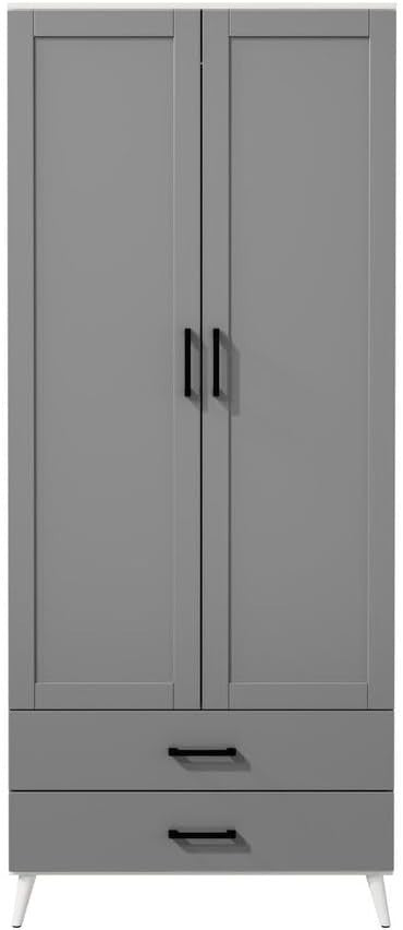 White Grey Modern Wardrobe 2 Doors 2 Drawers Bedroom Clothes Storage Unit