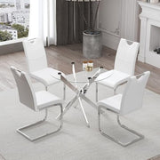 100cm Round Glass Dining Table with 4 White Faux Leather Chairs Set