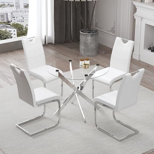 100cm Round Glass Dining Table with 4 White Faux Leather Chairs Set