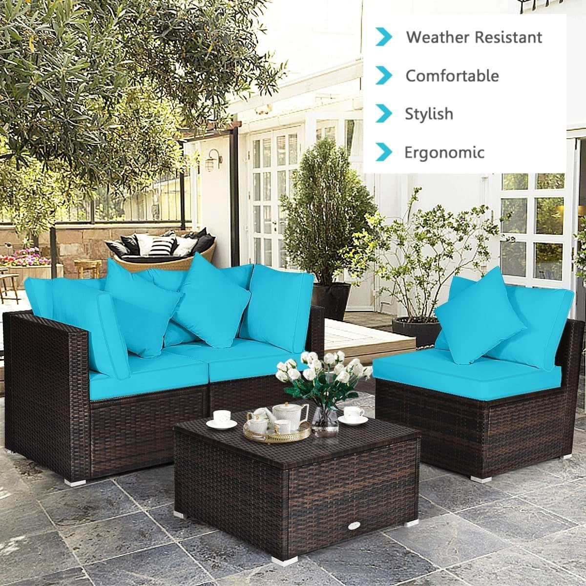 4PC Turquoise Rattan Garden Sofa Set Modular Patio Lounge Coffee Table