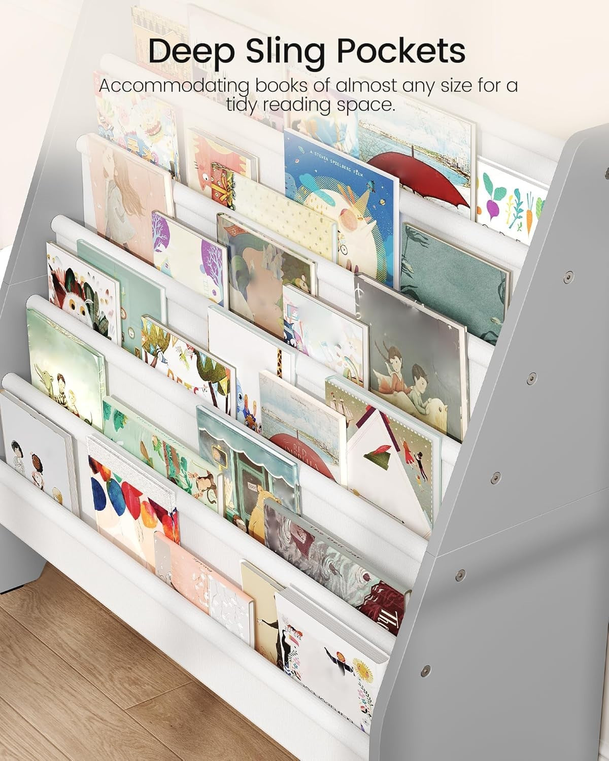 6 Tier Kids Bookshelf White Gray Large Capacity Sling Book Organizer