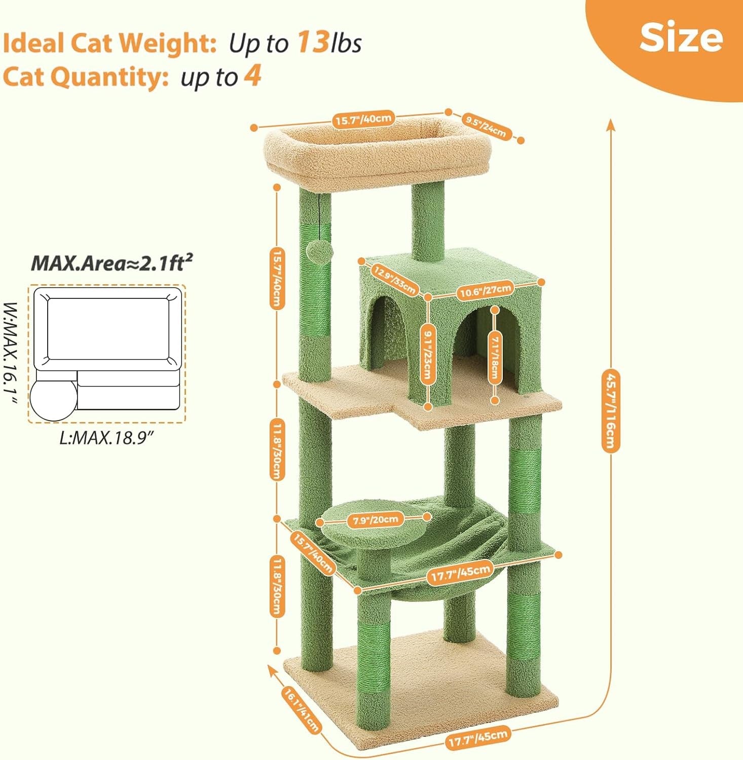 Cat Tree Tower 116cm Multi Level Scratching Posts Hammock Condo Kitten