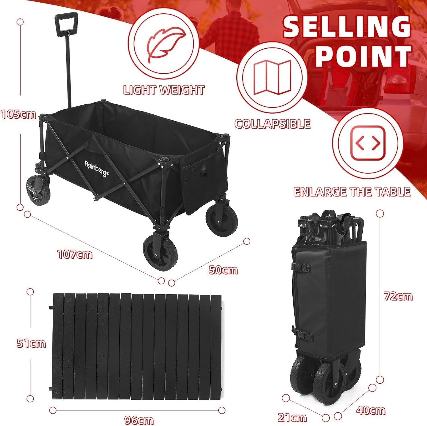 Black Folding Camping Wagon 120kg Trolley w/ Table Top, Adjustable Handle & Bag