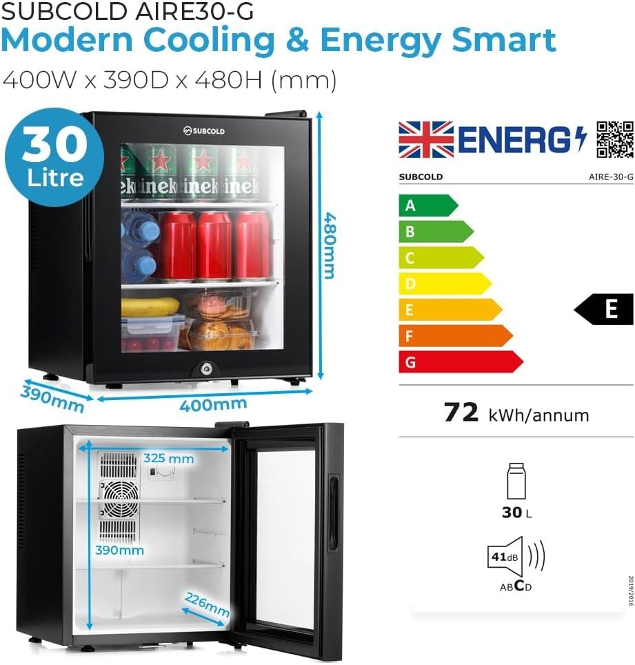 Mini Fridge 30L Compact Table Top Frost-Free LED Glass Door Black