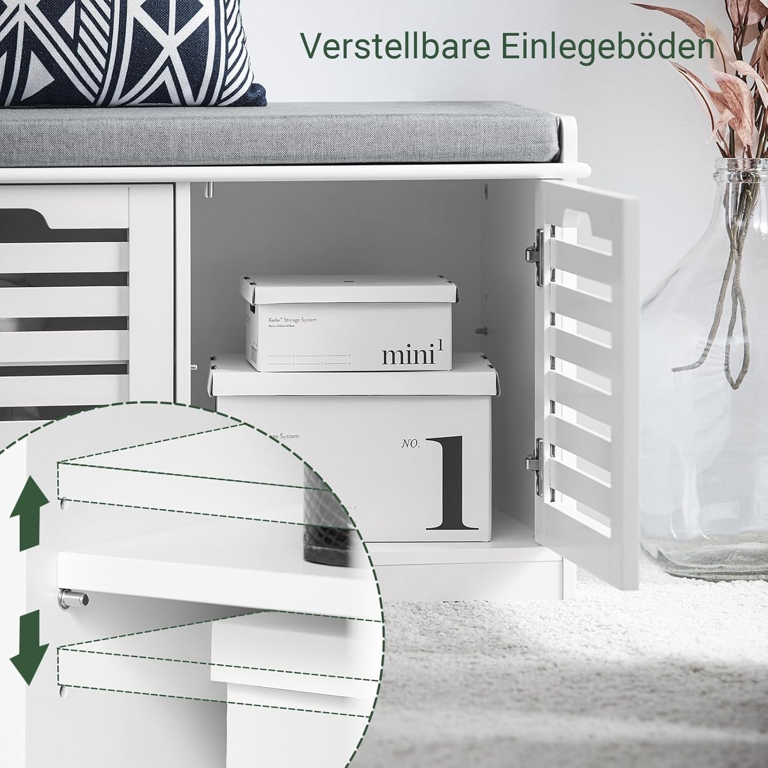 White Shoe Storage Bench with Cushion | 2 Door Hallway Seat Cabinet Unit
