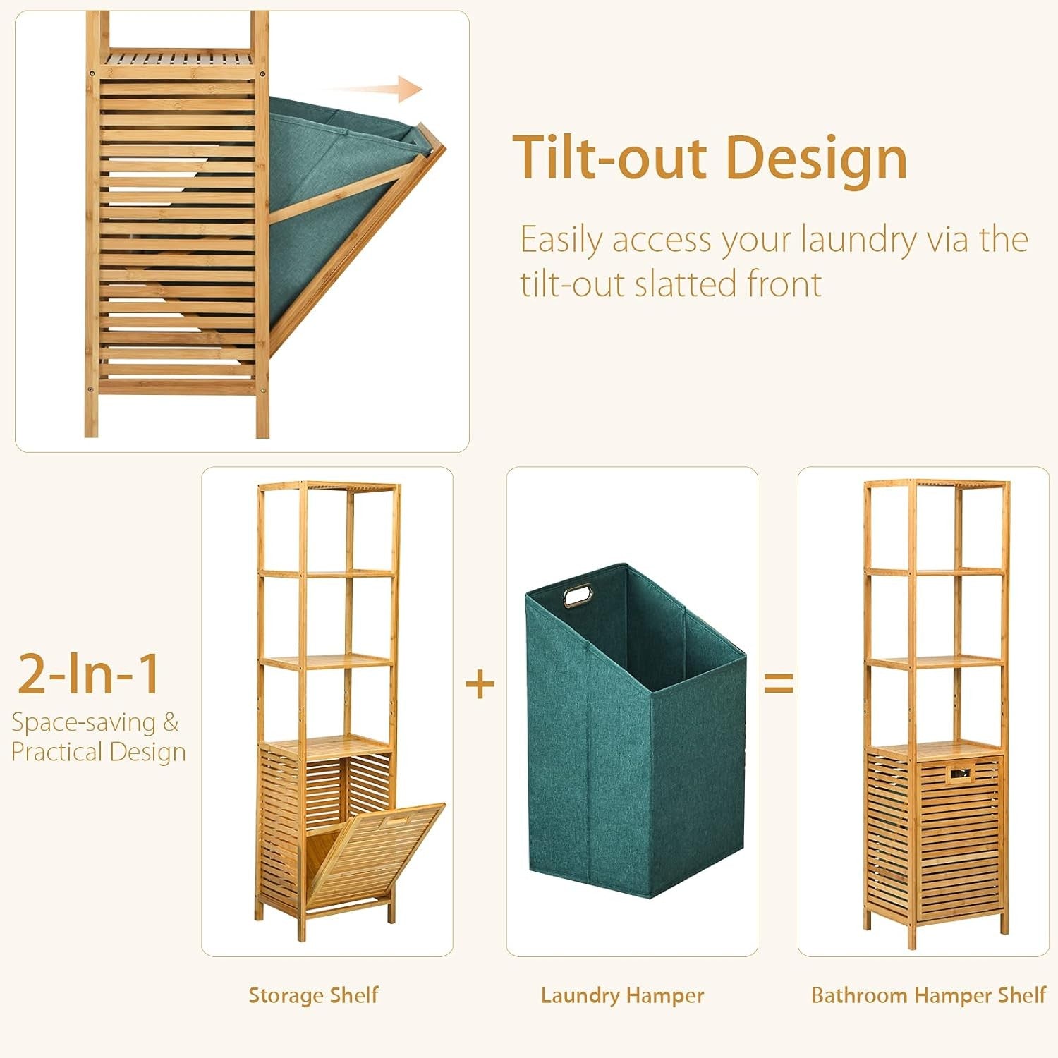 Tall Bamboo Laundry Hamper with 3 Shelves & Tilt-Out Basket | 40×33×160cm