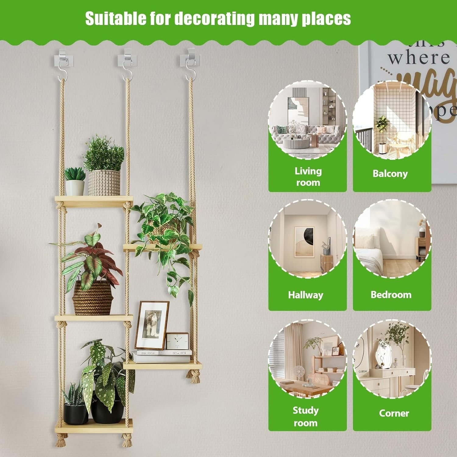 Boho Hemp Rope & Wood Hanging Shelf 5-Tier Wall Display