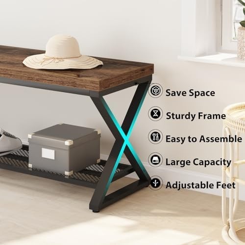 Rustic Brown Industrial Entryway Shoe Storage Bench Metal Frame Seat 99x36x46cm