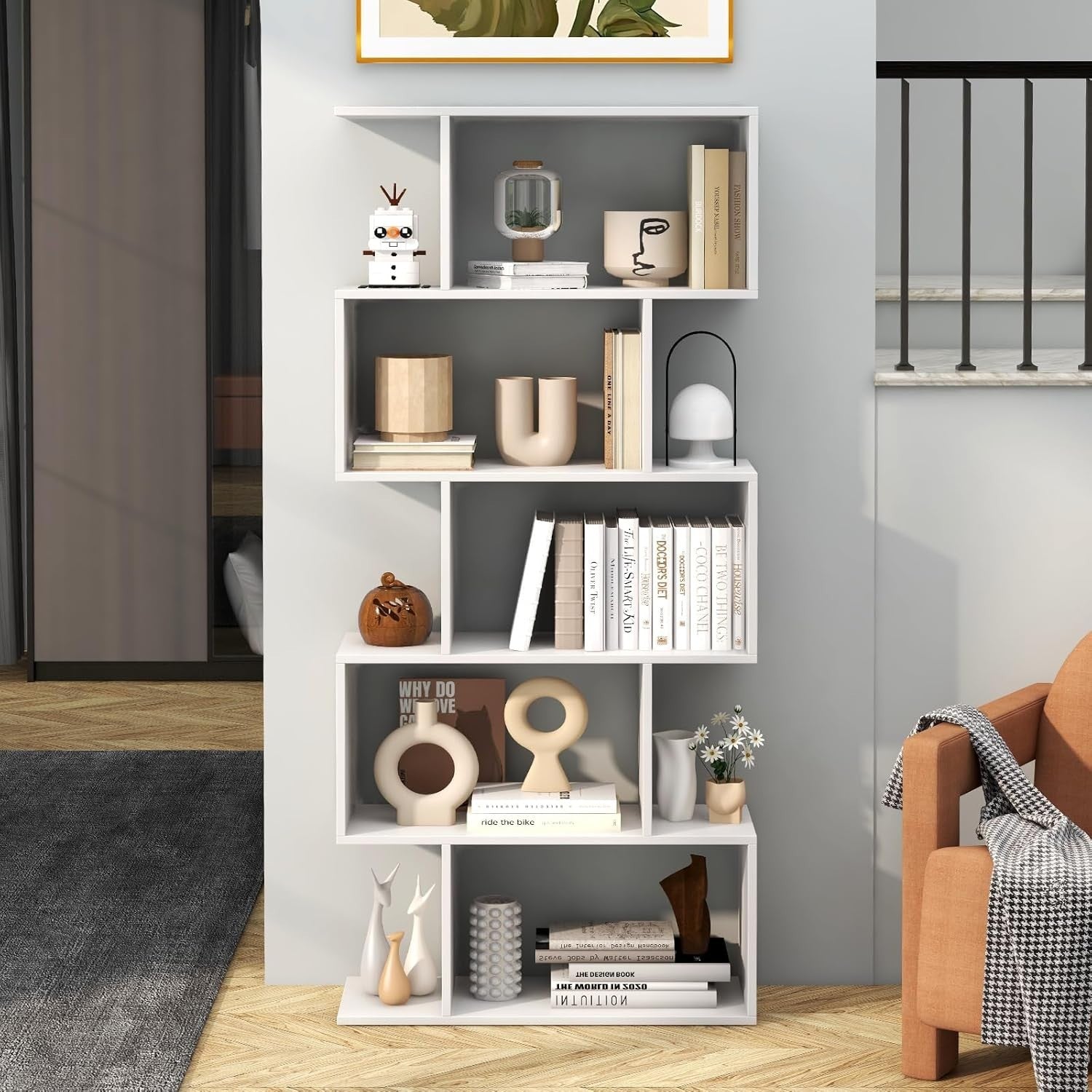 S Shaped 5 Tier Wooden Bookcase Freestanding Display Storage Shelf White