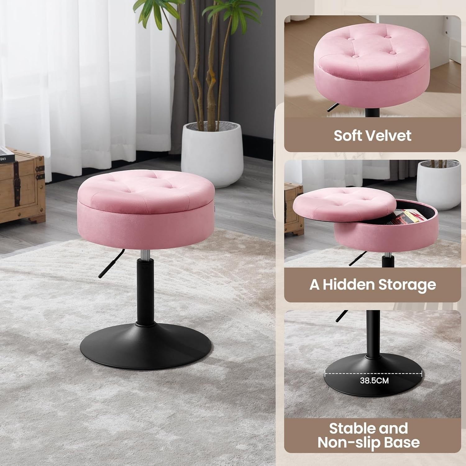 Pink Velvet Swivel Vanity Stool with Storage Round Adjustable Makeup Seat
