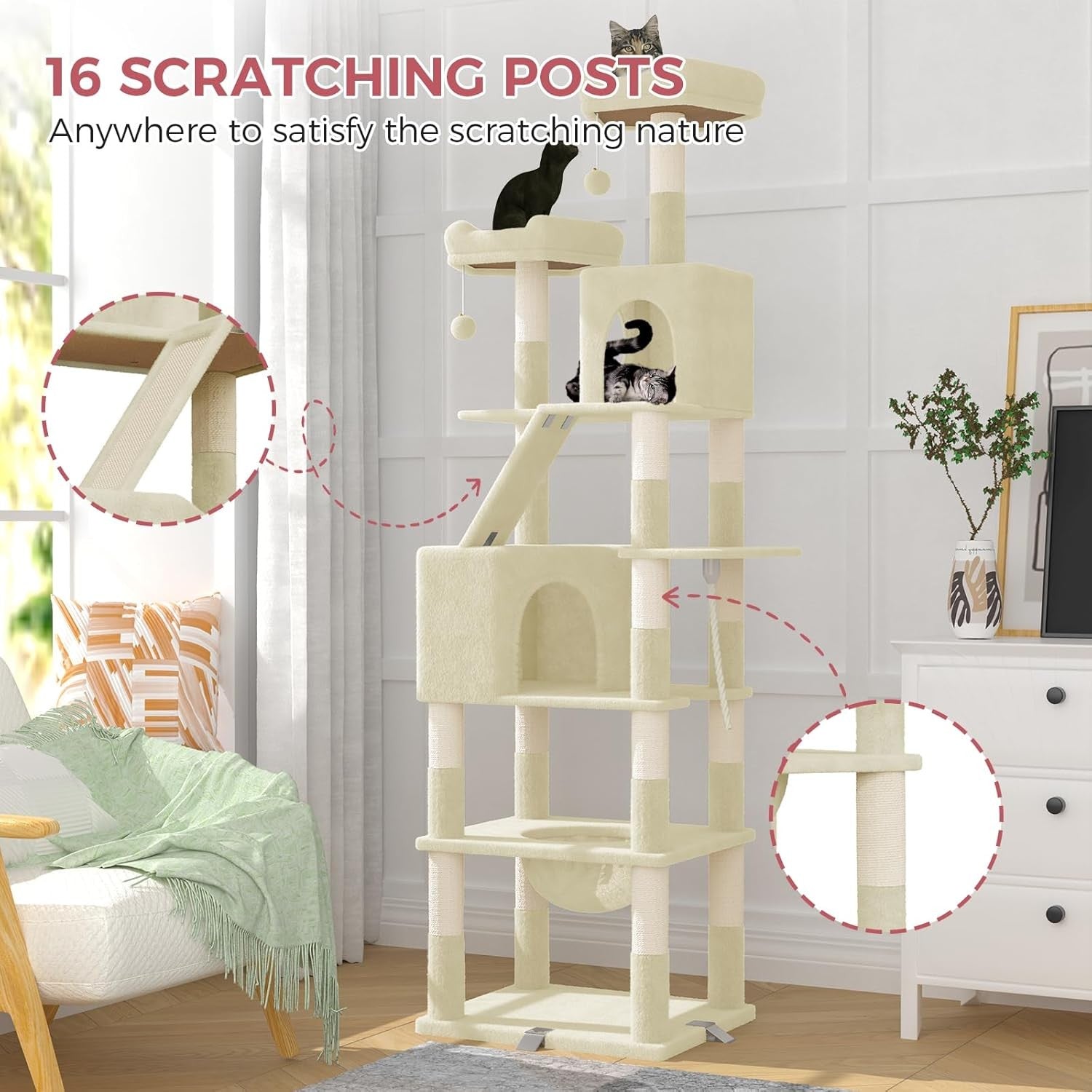 208cm Tall Cat Tree Tower Beige Anti-Tip Multi-Level Condo Scratching Post