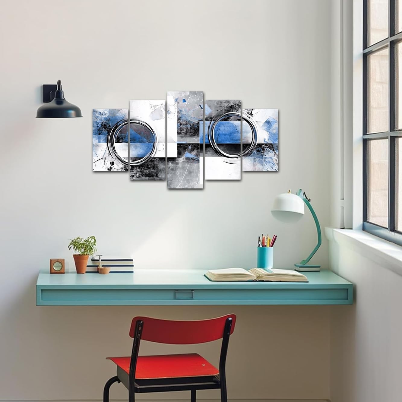 Blue Grey Abstract Canvas Wall Art 5 Piece Framed Set