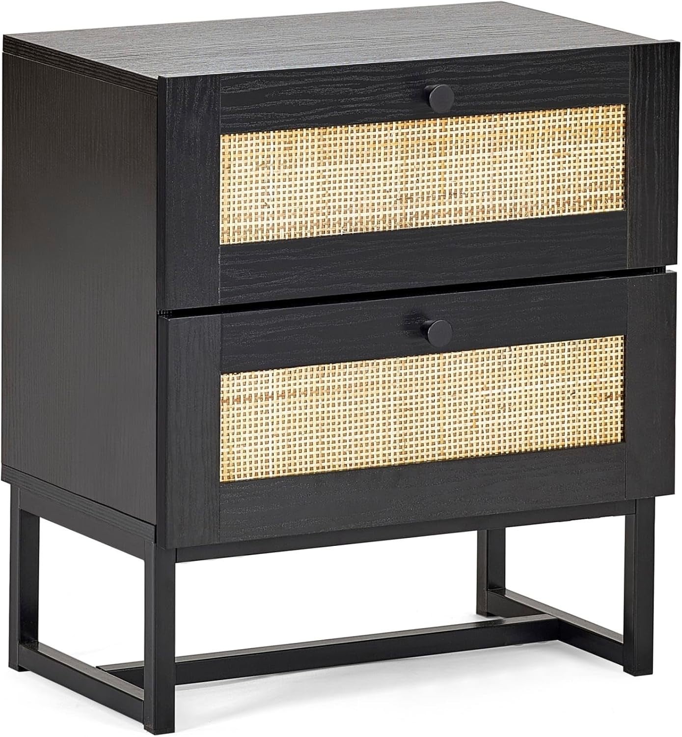 Modern Black 2 Drawer Bedside Table with Rattan Front 50x30x55cm