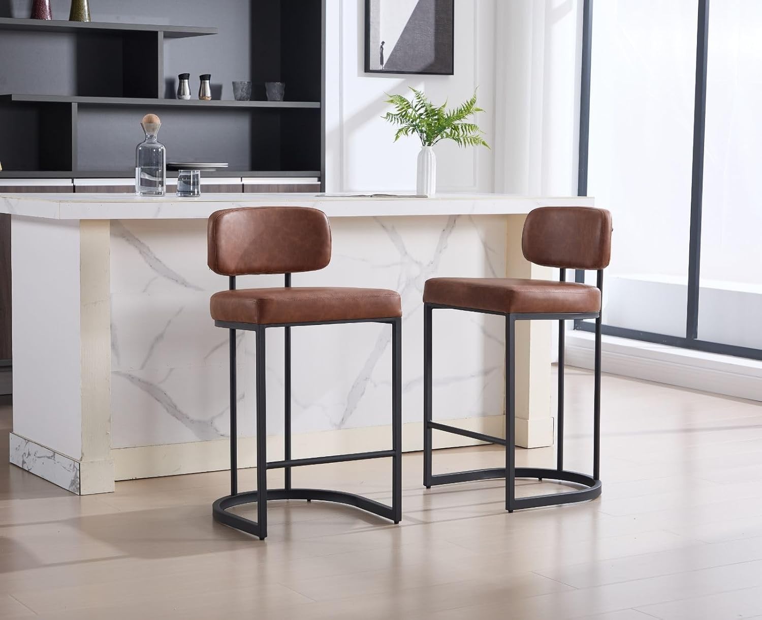 PU Leather Bar Stools Set of 2 Brown Modern Counter Height Chairs