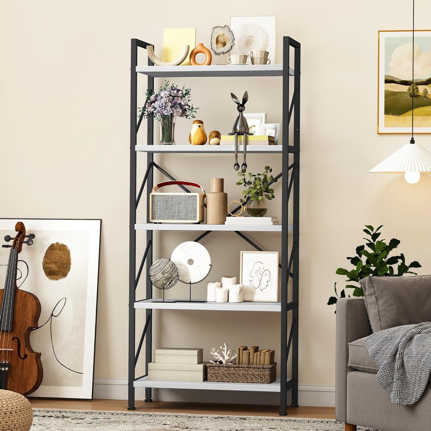 White Industrial 5-Tier Bookshelf Metal Frame Wood Shelving Storage Unit 158cm