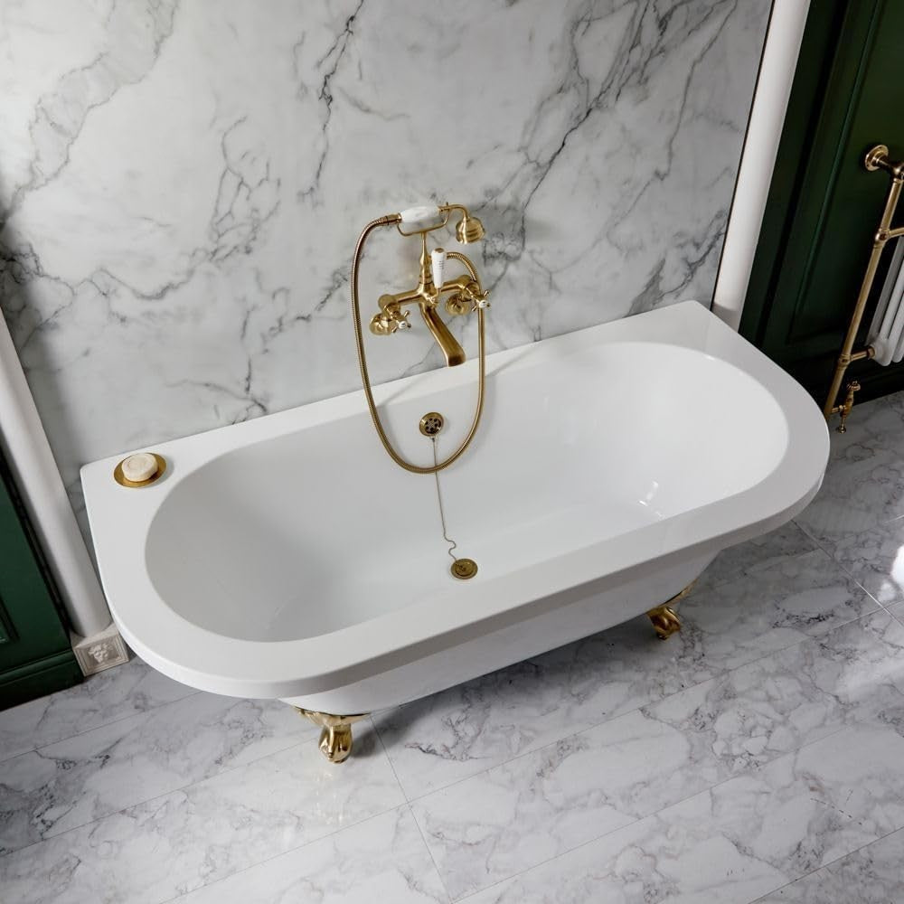 1685x780mm Double Ended Freestanding Back to Wall Bath White Acrylic w/ Brass