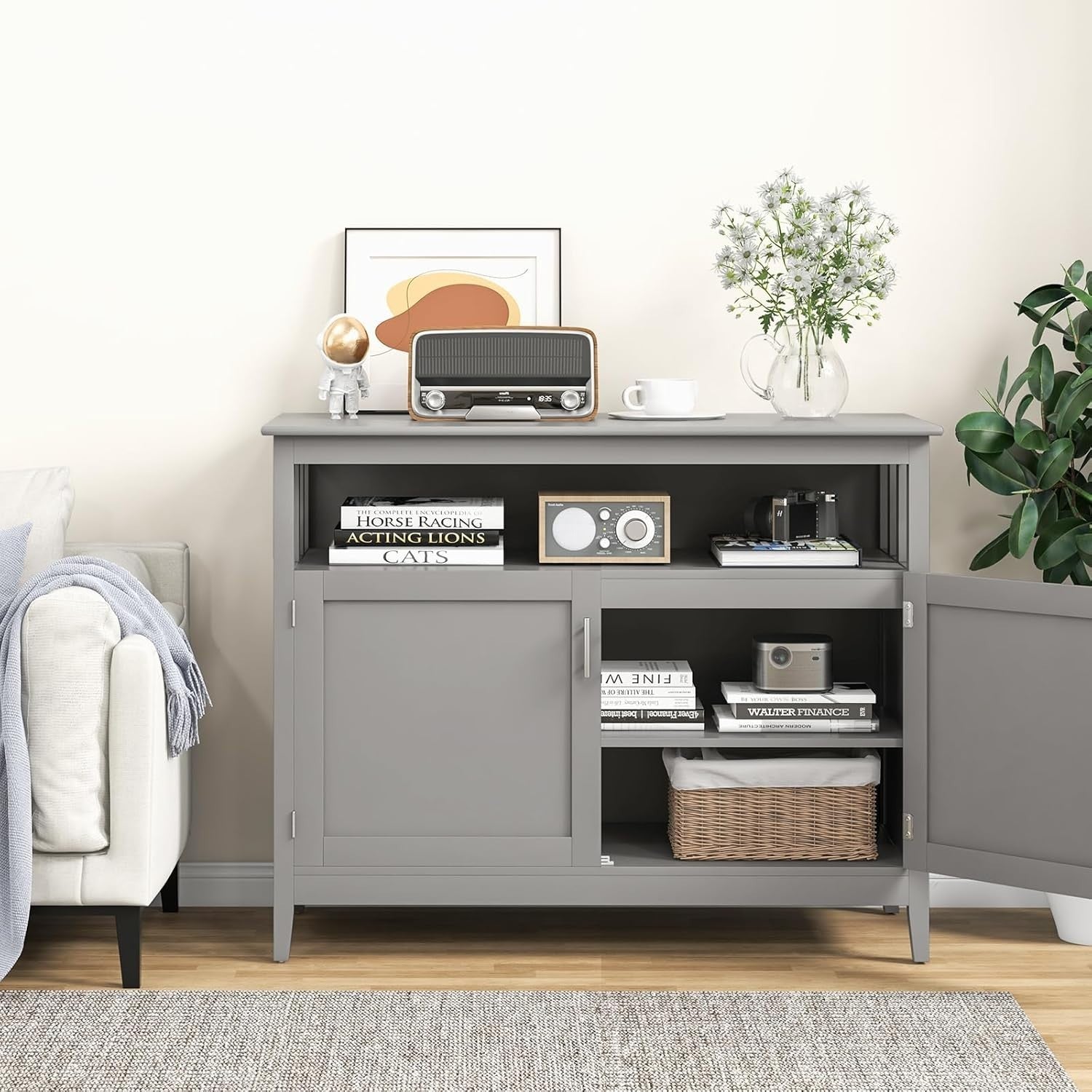 Grey Sideboard Buffet Table with Doors & Adjustable Shelf for Dining Room